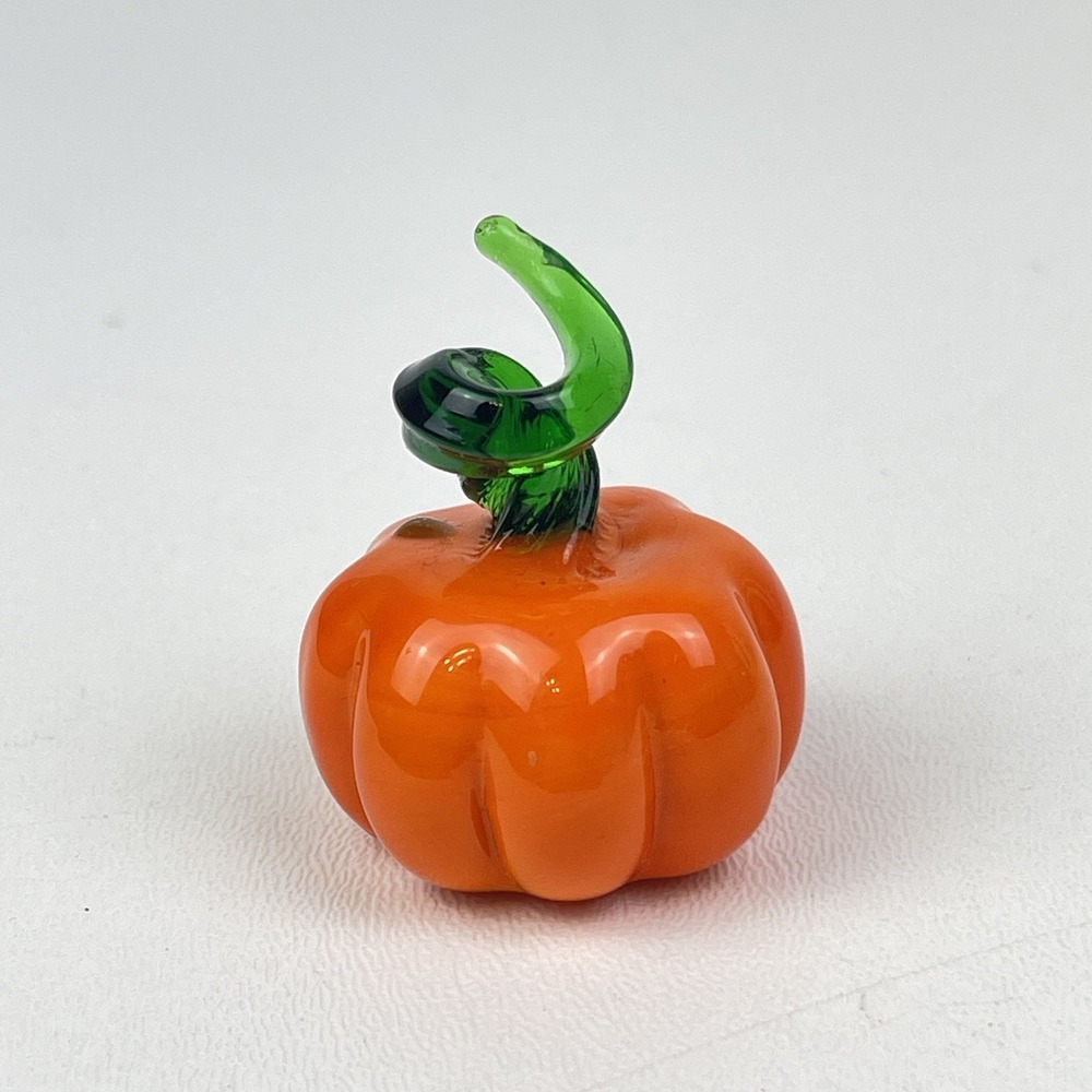 Mini Blown Art Glass Pumpkin Bright Orange Green Stem 1.5 Inch Fall Halloween